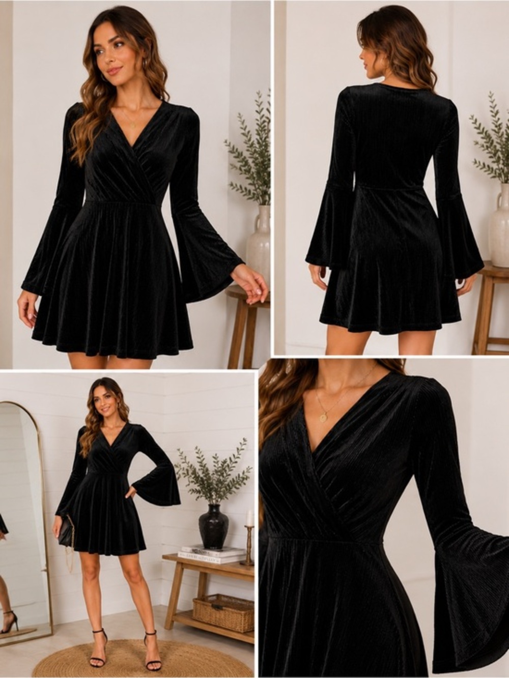 Express Black Velvet Wrap Skater Dress Bell Sleeve Fit & Flare S Goth Witchy